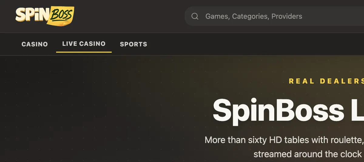 Stránka živého kasina SpinBoss (anglické rozhraní), zachycena na spinboss.live, 7. září 2026